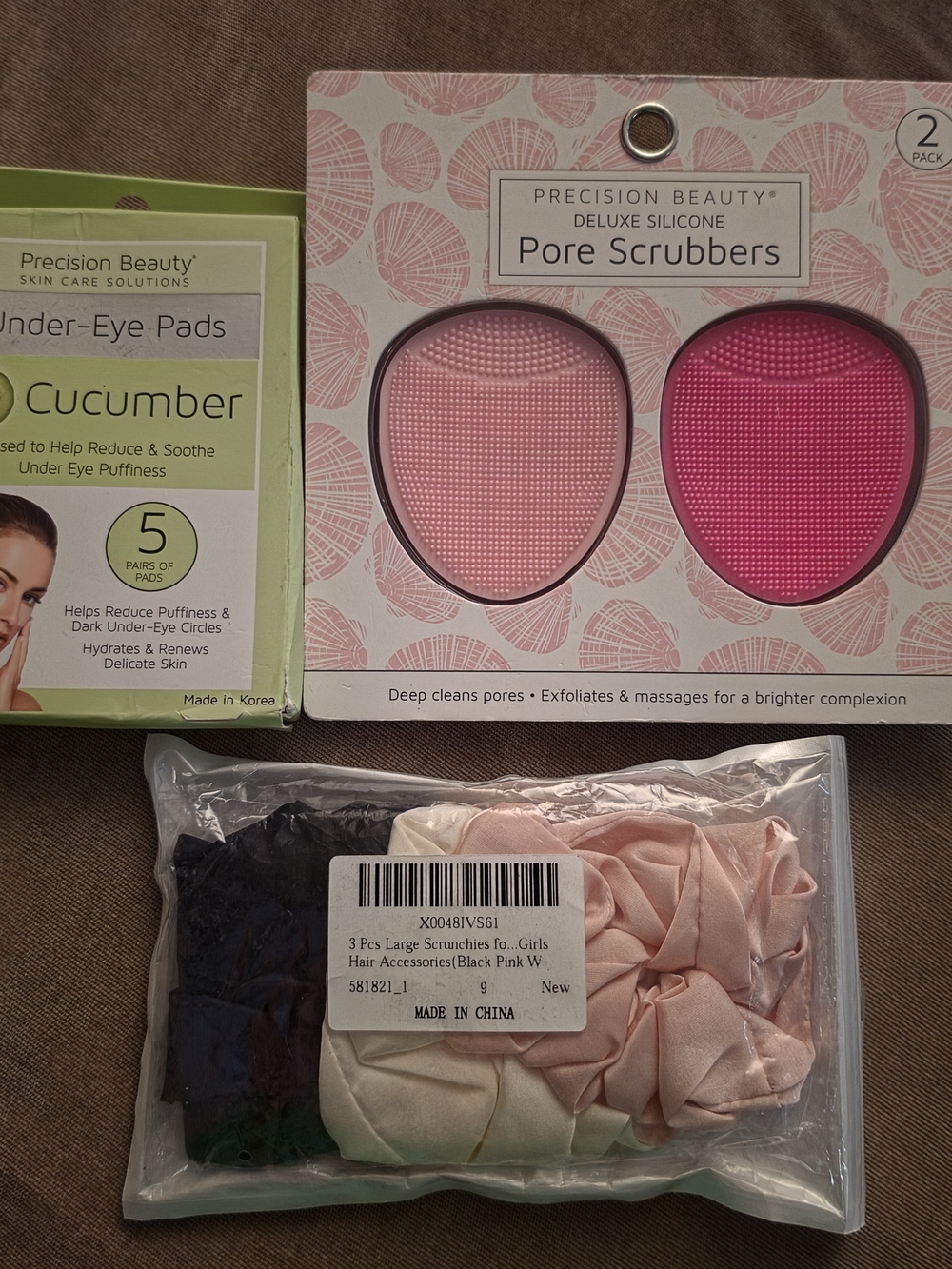 Precision Beauty Bundle  Pore Scrubbers Under Eye Pads & 3 Pack Hair Scrunchies